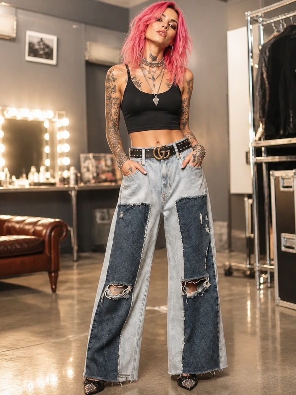 Forever 21 Two-Tone Light Blue and Dark Blue Wide-Leg Patch Jeans